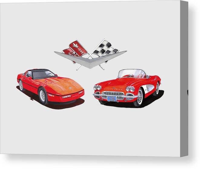 Tee Shirt Art Layout Of A 1986 & A 1961 Corvette Canvas Print featuring the painting 1986 and 1961 Corvettes by Jack Pumphrey