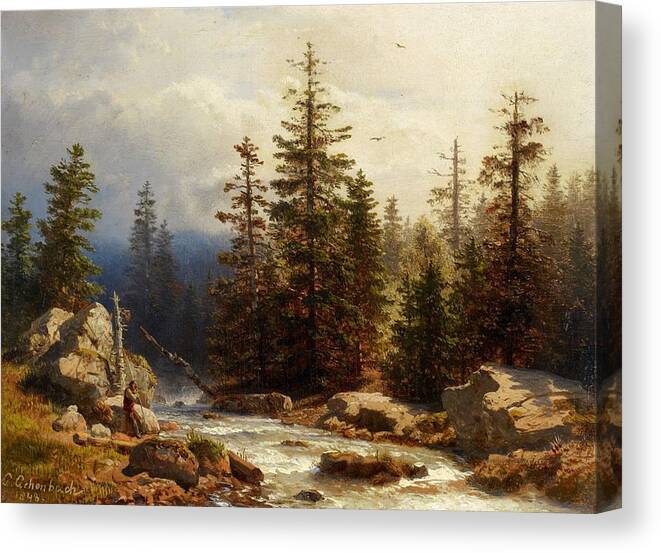 Andreas Achenbach Canvas Print featuring the painting Forest Landscape with an Angler by MotionAge Designs