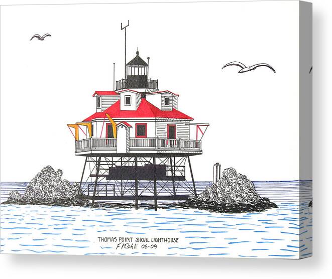 Lighthouse Artwork Canvas Print featuring the drawing Thomas Point Shoal Lighthouse #2 by Frederic Kohli