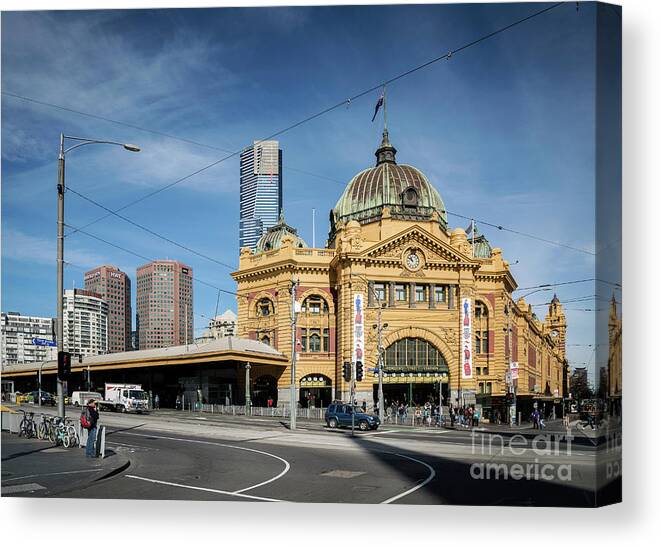 Architecture Canvas Print featuring the photograph Street Scene Outside Flinders Street Station In Central Melbourn #3 by JM Travel Photography