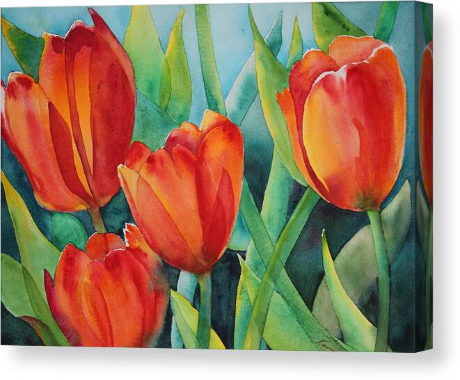 Red Flowers Canvas Print featuring the painting 4 Red Tulips by Ruth Kamenev