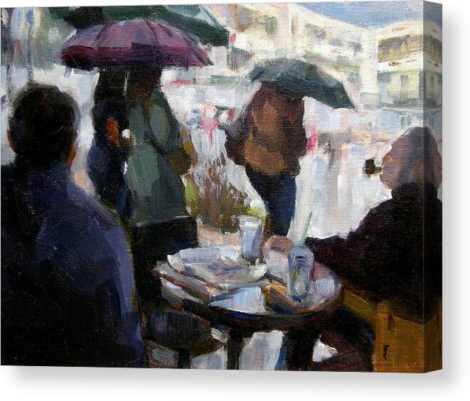 Urban Canvas Print featuring the painting A Rainy Day at Starbucks by Merle Keller