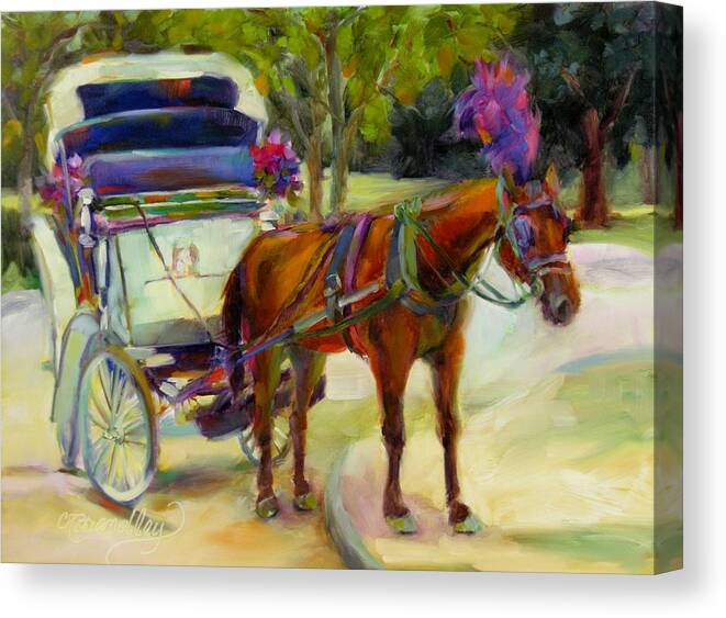 Horse And Carriage Canvas Print featuring the painting A Ride through Central Park by Chris Brandley