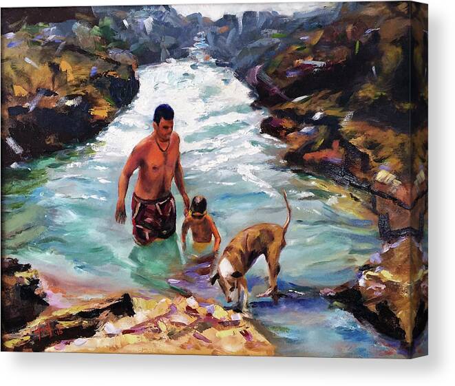  Canvas Print featuring the painting A Romp in Monoco's tidal pool by Josef Kelly