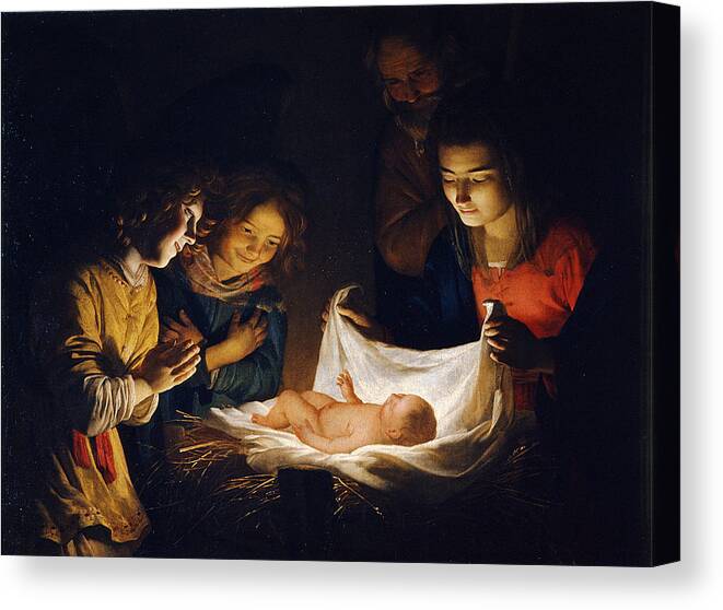 Gerrit Van Honthorst Canvas Print featuring the painting Adoration of the Child by Gerrit van Honthorst