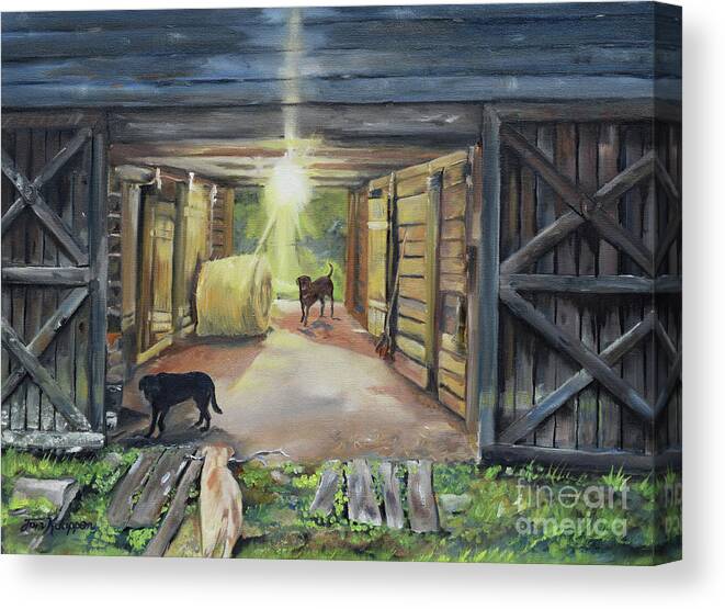 Barn Canvas Print featuring the painting After Hours in Pa's Barn - Barn Lights - Labs by Jan Dappen