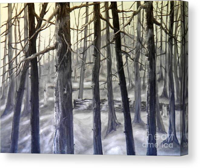 Burnt Trees Ash Yellow Grey Black Landscape Hill Sky Ground Log Light Shadow Dark Canvas Print featuring the painting Aftermath 2 by Ida Eriksen