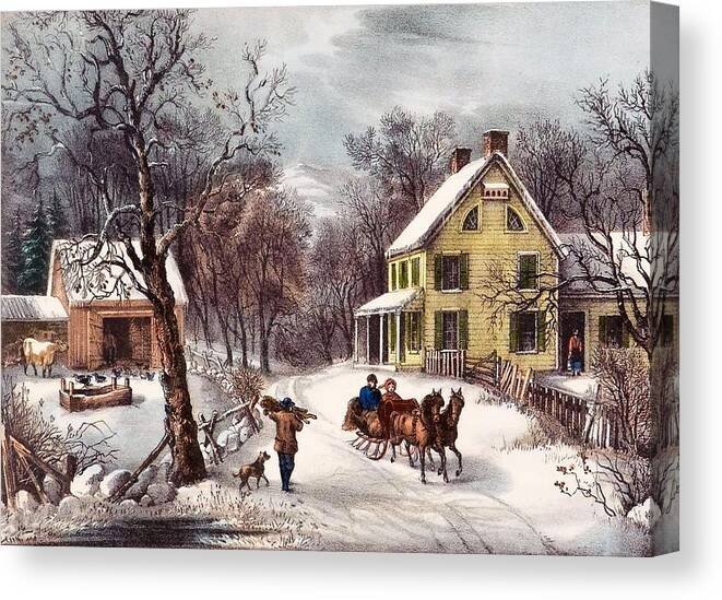 Winter Scene Canvas Print featuring the painting American Homestead by Currier and Ives