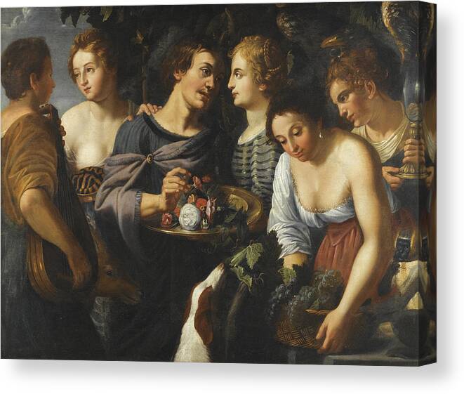Follower Of Nicolas Regnier Canvas Print featuring the painting An Allegory of the Five Senses by Follower of Nicolas Regnier