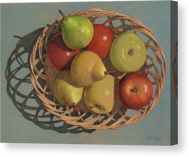Still Life Canvas Print featuring the painting Apples and Pears in a wicker basket by John Dyess
