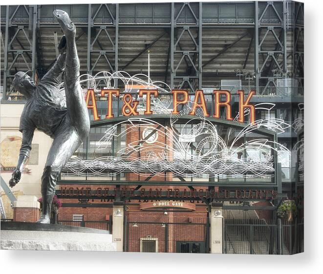 Sf Giants Canvas Print featuring the photograph ATT Ballpark with Juan Marichal Statue by Jessica Levant