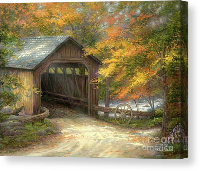 Covered Bridge Canvas Print featuring the painting Autumn Bridge by Chuck Pinson