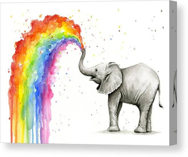 Baby Canvas Print featuring the painting Baby Elephant Spraying Rainbow by Olga Shvartsur