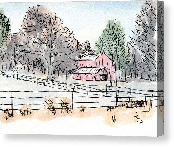 Farm Rural Old Country Nostalgia Barn America Scene Landscape Home American Scenic Rustic Red Place Life Art Time Peace Painting Nostalgic Line County Americana Outdoors Ink Hill Farmstead Countryside Woods Trees Tin Roof Shelter Shed Quiet Picturesque Orange North Metal Kyllo Idyllic Iconic Homestead Day Calm Building Artistic Weathered Visit Tree Tranquil Traditional Simple Scenery Restful Quietness Peaceful Midwest Memories Grandpa Grandma Buildings Artwork Southern Watercolor Wash Canvas Print featuring the mixed media Barn in Winter Woods by R Kyllo