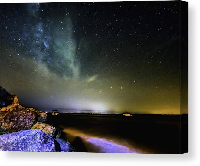 Stars Canvas Print featuring the photograph Bayside night light by Mary Clough