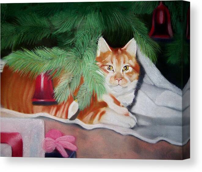 Orange Tabby Under Xmas Tree Canvas Print featuring the pastel Beautiful George by Marika Evanson