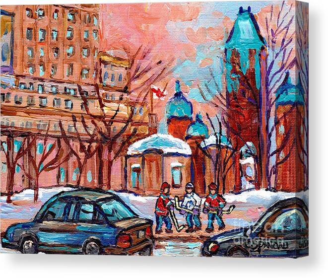 Downtown Montreal Canvas Print featuring the painting Beautiful Winter Day Downtown Montreal Dominion Square Hockey Art Canadian Scene Carole Spandau   by Carole Spandau