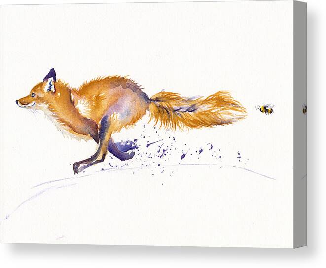 Fox Canvas Print featuring the painting Fleeing Fox - Bee Racing by Debra Hall