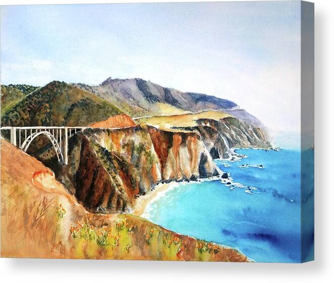 Bixby Bridge Canvas Print featuring the painting Bixby Bridge Big Sur Coast California by Carlin Blahnik CarlinArtWatercolor