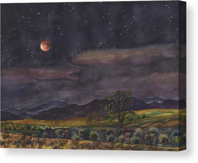 Blood Moon Painting Canvas Print featuring the painting Blood Moon Over Boulder by Anne Gifford