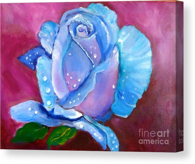 Blue Rose Print Canvas Print featuring the painting Blue Rose with Dew Drops by Jenny Lee