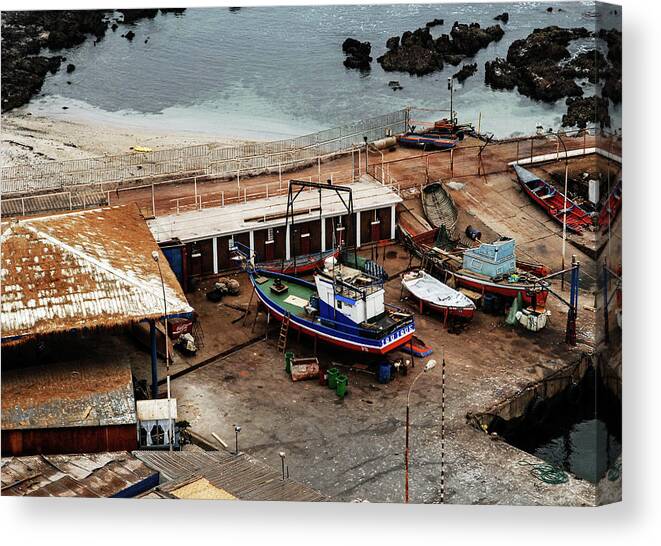 Iquique Canvas Print featuring the photograph Boat Yard Iquique Harbor Chile by William Kimble
