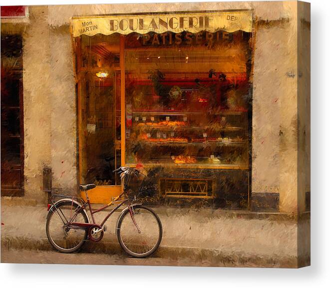Paris France Canvas Print featuring the photograph Boulangerie and Bike 2 by Mick Burkey