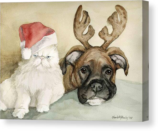 Dog Canvas Print featuring the painting Boxer and Persian Cat Christmas by Charlotte Yealey