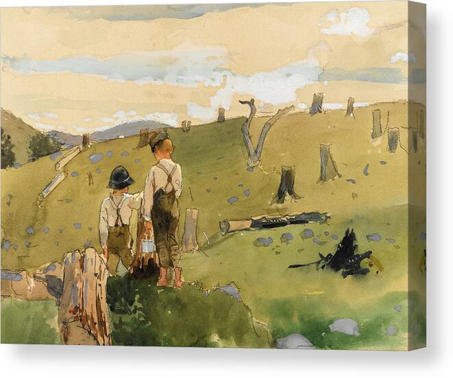 Winslow Homer Canvas Print featuring the drawing Boys on a Hillside by Winslow Homer