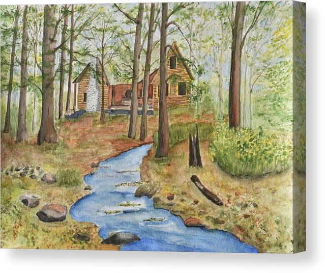 Linda Brody Canvas Print featuring the painting Cabin in the Woods by Linda Brody