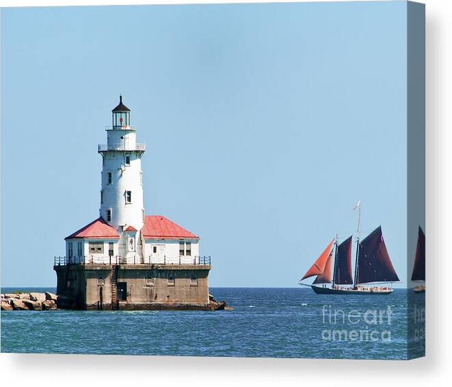Boats Canvas Print featuring the photograph Chicago Harbor Lighthouse and a Tall Ship by David Levin