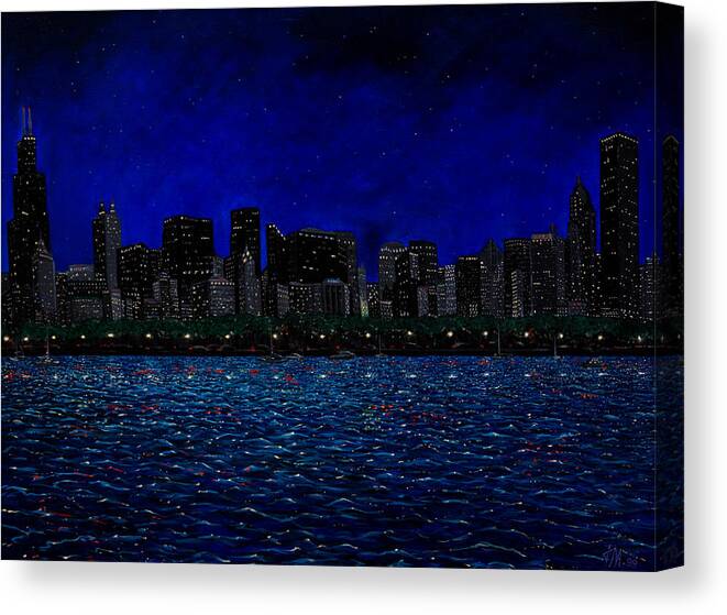 Chicago At Night Canvas Print featuring the painting Chicago Skyline by Joe Michelli