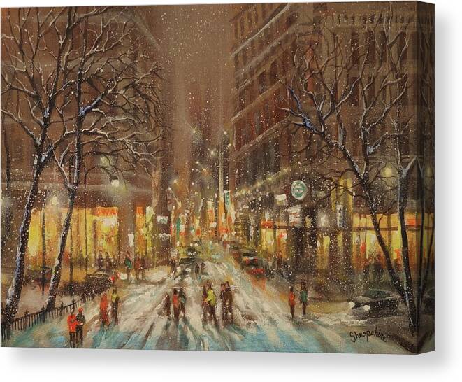 Falling Snow; City At Night; City Lights; Holiday Shoppers; Tom Shropshire Painting; Night Lights; Cityscape; Urban Landscape Canvas Print featuring the painting City Snow by Tom Shropshire