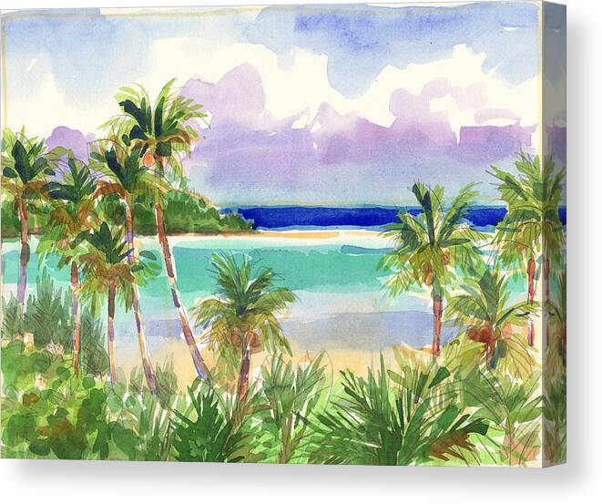 Cook Islands Canvas Print featuring the painting Coconut Palms and Lagoon, Aitutaki by Judith Kunzle