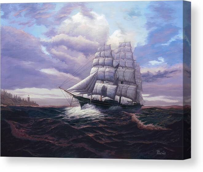 Clipper Ship Canvas Print featuring the painting Coming Through The Storm by Del Malonee