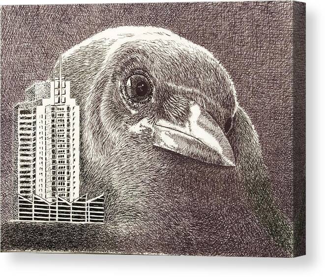 Pen Canvas Print featuring the drawing Crow over casino windsor by Wade Clark