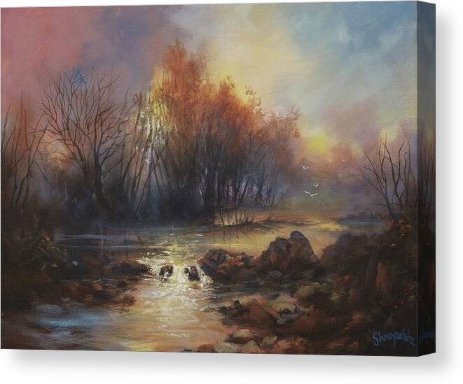 Stream Canvas Print featuring the painting Daybreak Willow Creek by Tom Shropshire