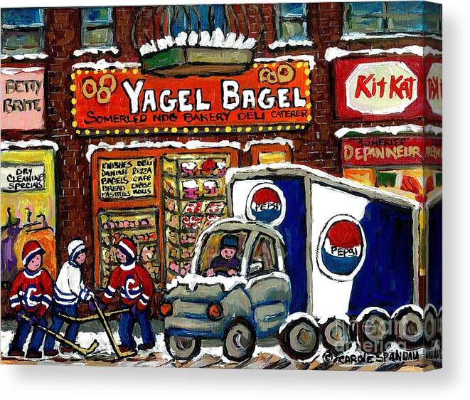 Montreal Canvas Print featuring the painting Delivery Day Yagel Bagel Bakery Pepsi Truck Boys Playing Hockey Best Montreal Hockey Winter Art by Carole Spandau