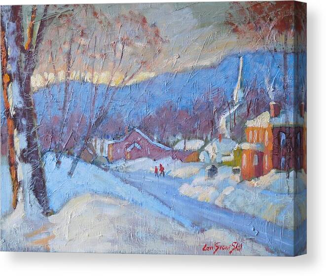 Winter Village In The Berkshires Canvas Print featuring the painting Downtown Cheshire 2016 by Len Stomski