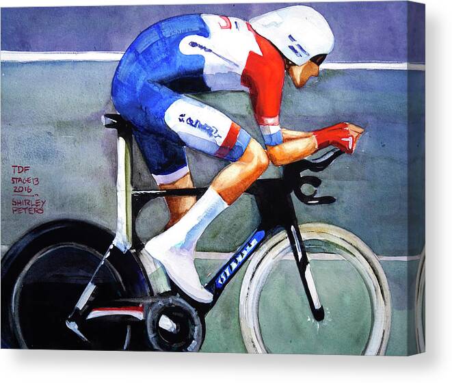 My Name On Ebay Is Sannpet. 24cm X 32cm Watercolour Canvas Print featuring the painting Dumoulin Wins the Time Trial by Shirley Peters