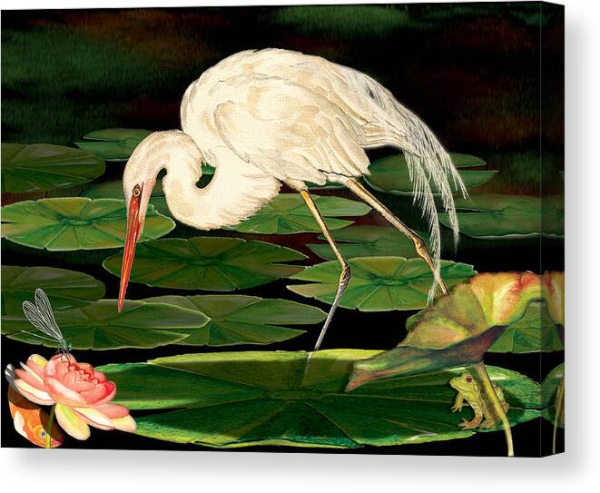 Egret Canvas Print featuring the painting Egret Fishing in Lily Pads by Anne Beverley-Stamps