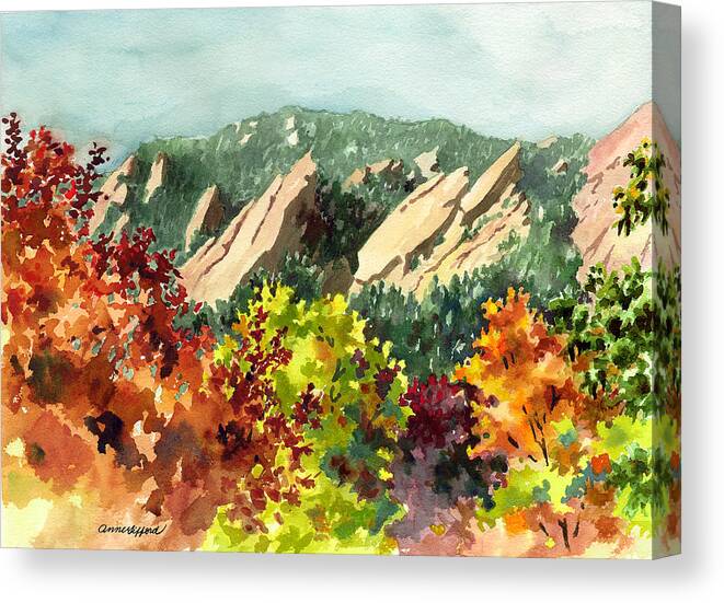 Red Leaves Art Canvas Print featuring the painting Fall Flatirons by Anne Gifford
