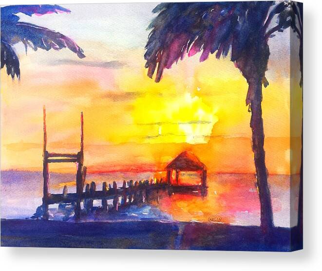 Tropical Ocean Sunset Canvas Print featuring the painting Fiery Tropical Sunset Overwater Bungalow by Carlin Blahnik CarlinArtWatercolor