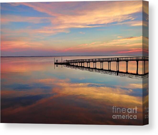 Sunset Canvas Print featuring the photograph Fishing Pier Duck OBX by Jeff Breiman