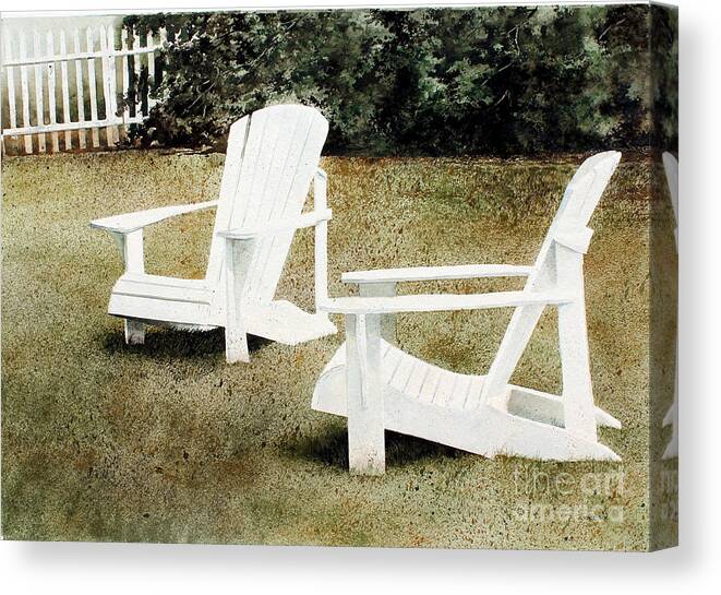 Two White Adirondack Chairs On A Front Lawn With Hedge And A Picket Fence In The Background. Canvas Print featuring the painting Forest Lawn by Monte Toon
