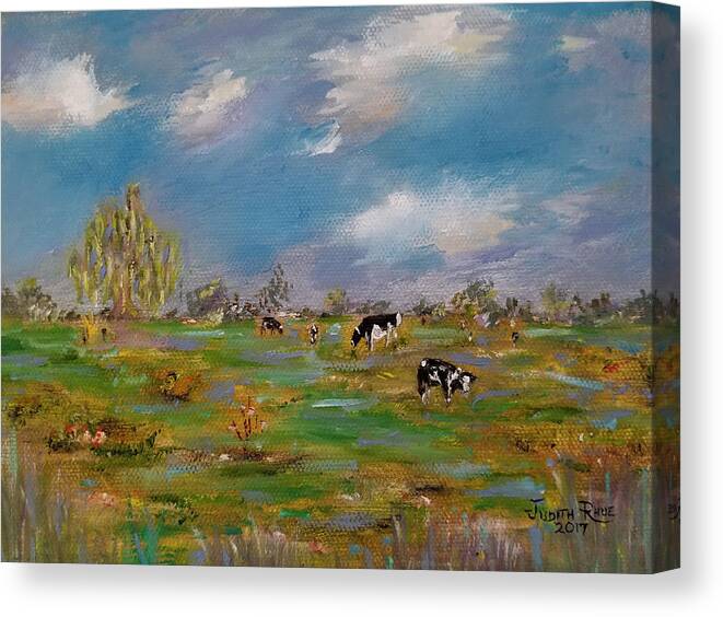 Cows Canvas Print featuring the painting Forty Acres by Judith Rhue