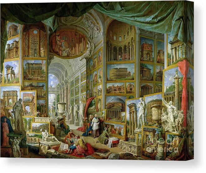 Gallery Of Views Of Ancient Rome Canvas Print featuring the painting Gallery of Views of Ancient Rome by Giovanni Paolo Pannini
