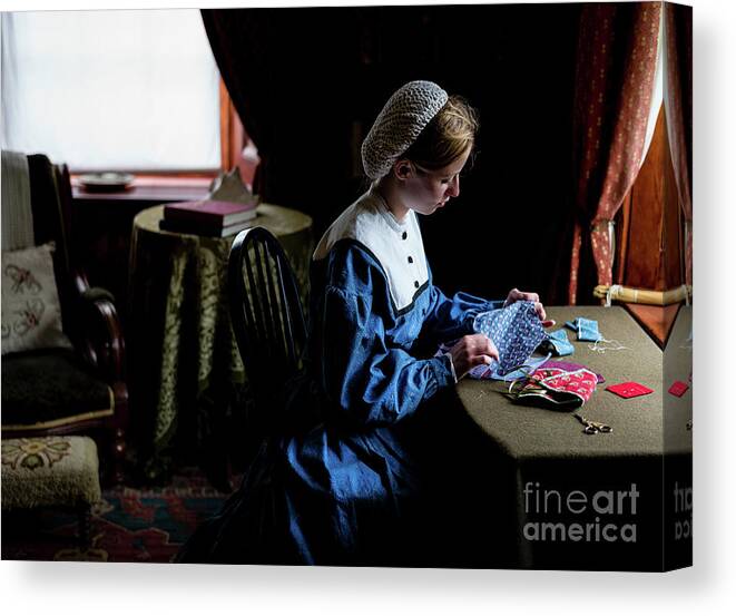 Girl Sewing Canvas Print featuring the photograph Girl Sewing by M G Whittingham