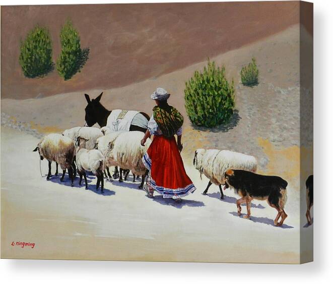 Animals And Figure Canvas Print featuring the painting Going home, Peru Impression by Ningning Li
