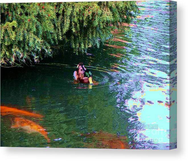 Gold Fish Canvas Print featuring the photograph Gold Fish Swimming at The Chinese Cultural Center by Stanley Morganstein